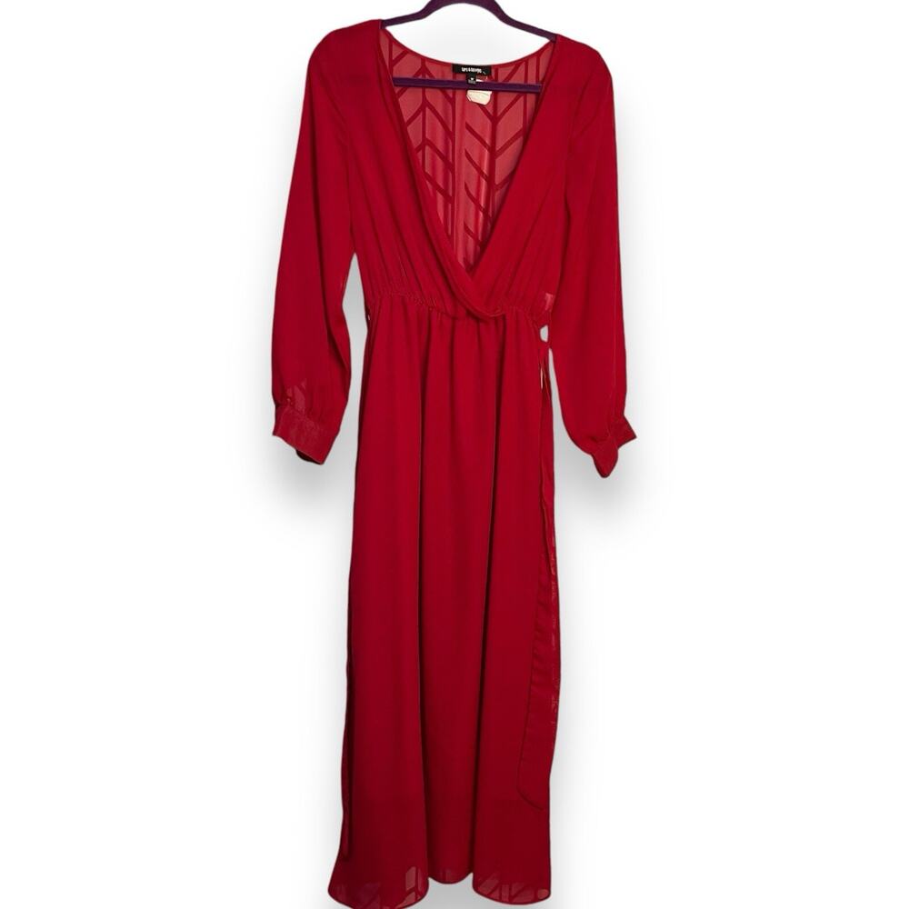 UPS & DOWNS Maxi Dress Womens Medium Red Semi Sheer Valentines Holiday Belt NWOT